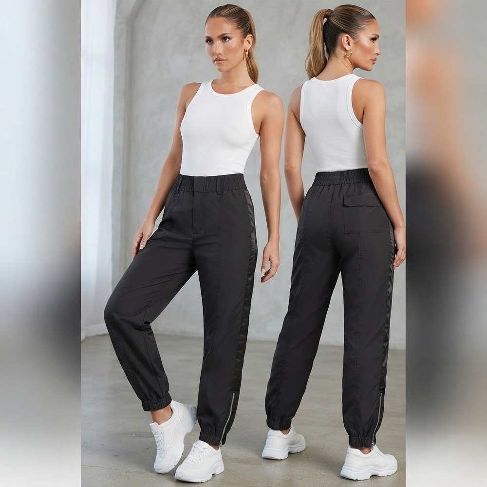 Future Collective Kahlana Barfield Brown Black Jogger Pants Satin Stripe Size M